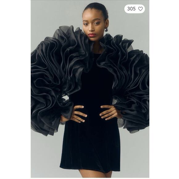 By Anthropologie Ruffle Drama Sleeve Shrug Black NWT One Size Statement Runway - Picture 2 of 16